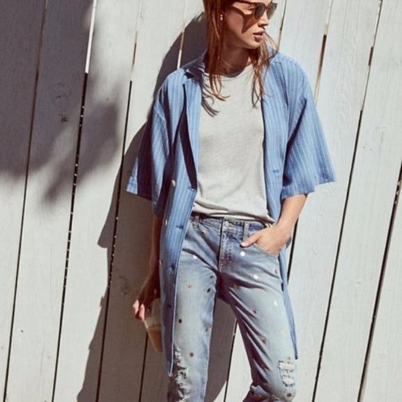 Anthropologie Striped Blazer Dress Denim Coat Jacket - Picture 2 of 8